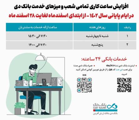 افزایش ساعت کاری شعب بانک دی در اسفند ماه